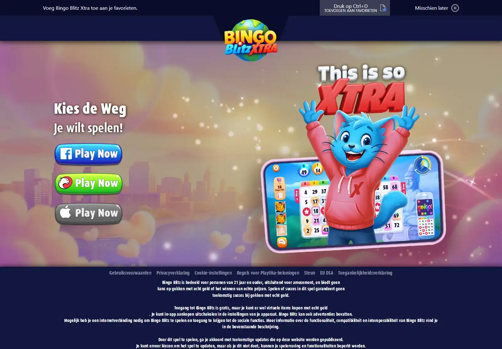 Officiële Bingo Blitz tekst over het ontbreken van gokken om echt geld