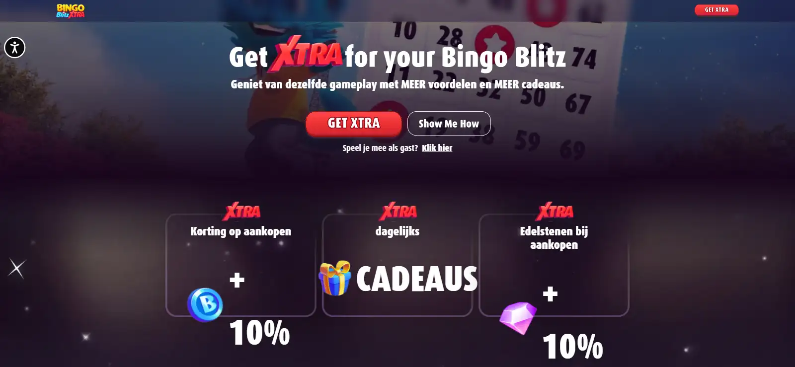 Bingo Blitz XTRA-pagina met extra Credits, Gems en daily gifts