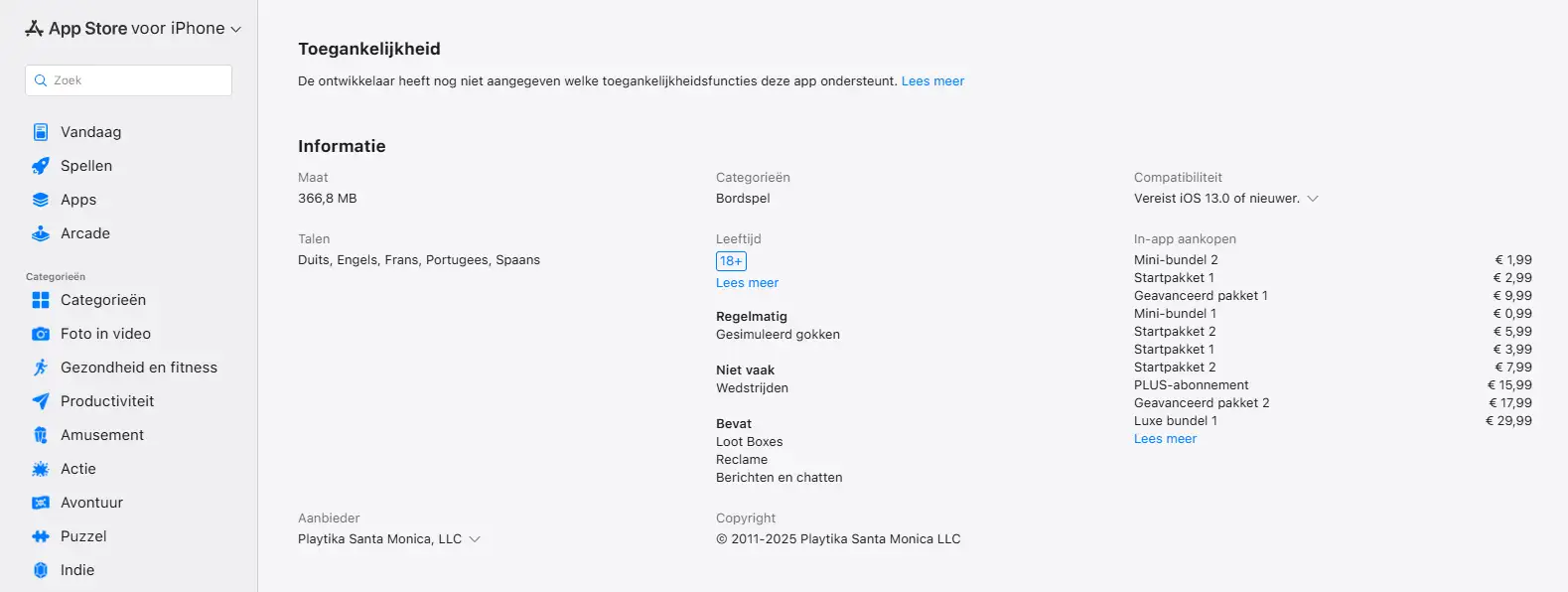 Talenlijst op de Nederlandse App Store-pagina van Bingo Blitz