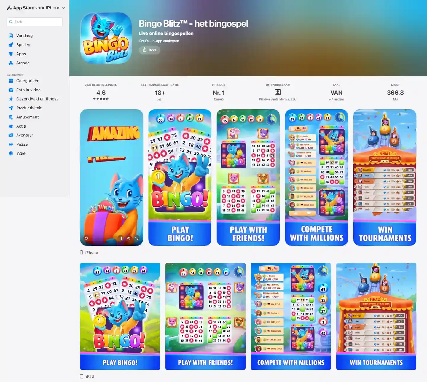Nederlandse App Store-pagina van Bingo Blitz op iPhone en iPad