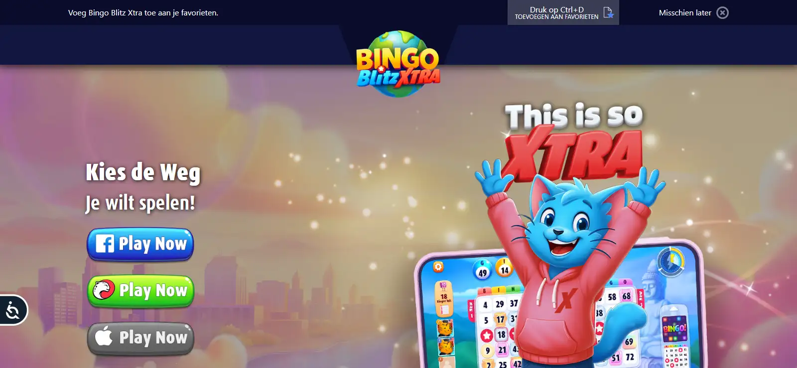 Officiële Bingo Blitz web-play pagina in een desktopbrowser