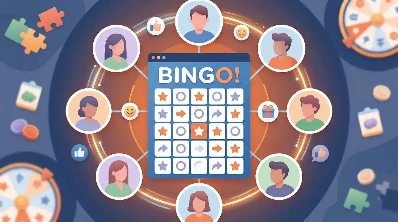 Illustratie van sociale online bingo met digitale kaarten en verbonden spelersprofielen