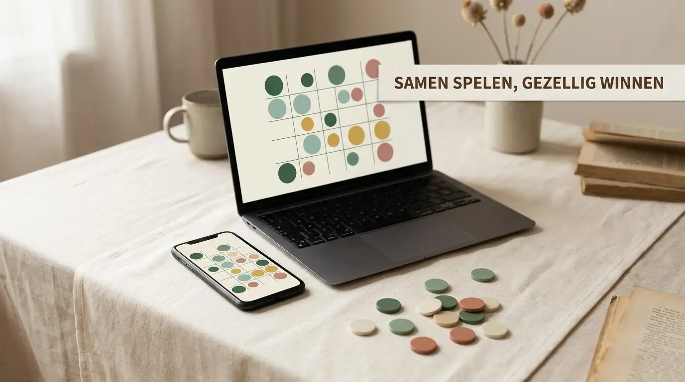Redactionele illustratie van sociaal online bingo op telefoon en laptop