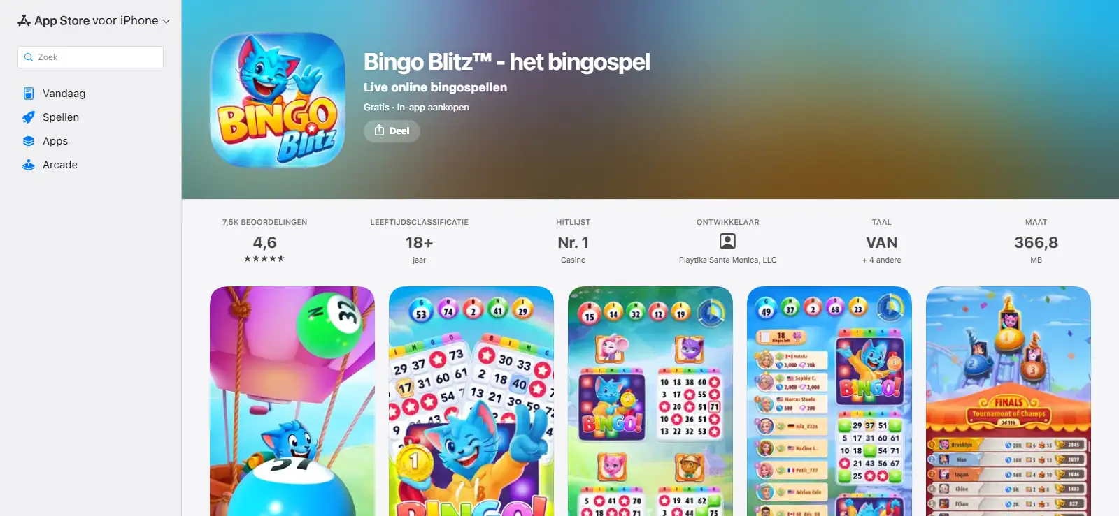 Nederlandse App Store vermelding van Bingo Blitz